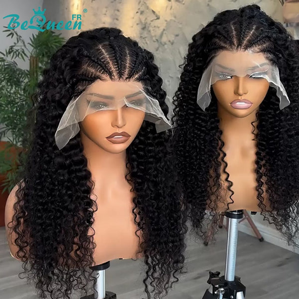 BeQueen "René" Perruque Customisée Longue Curly Wave couleur Noir Prêt à porter Sans Colle 13X4 avec Tresse