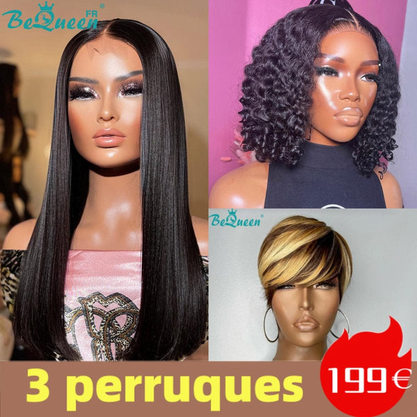 BeQueen 199€=3 wigs Straight wig 18"+Curly bob+Straight pixie brown mix honey 