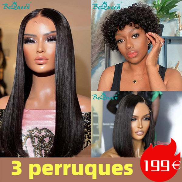 BeQueen 199€=3 wigs Straight wig 18"+Straight bob+Curly pixie 