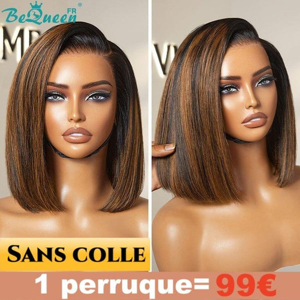 BeQueen 99,9€=1 perruques sans colle Perruque "Avos" Customisée Bob Lisse Noir mix Marron Prêt à porter 13x4