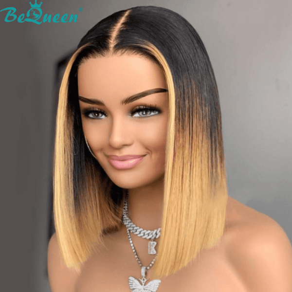 BeQueen Bob Lace Front Perücke 13x1x4 Bob Highlight Ombre Haarfarbe Wurzelschwarz und Honig #27 