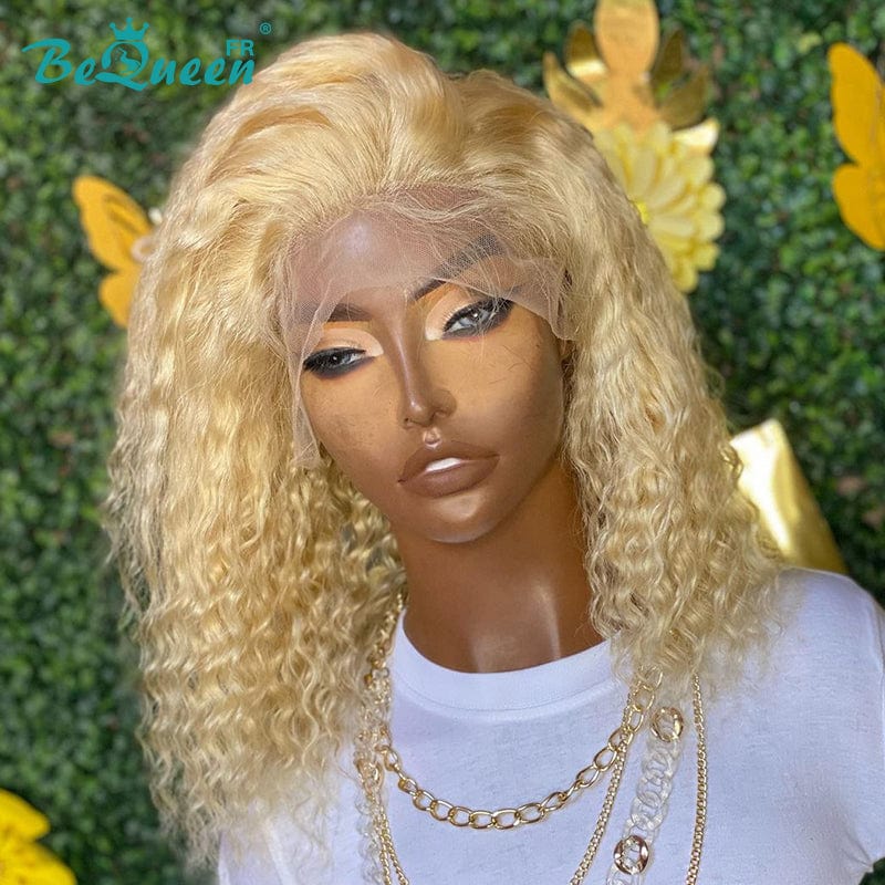 BeQueen Bob Wig Human Hair Curly Lace Front 13x4 Blonde Color 613