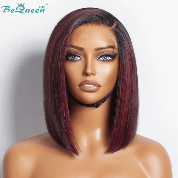 BeQueen Perruque Bob4X4 Lisses racine noir Bordeaux Rouge