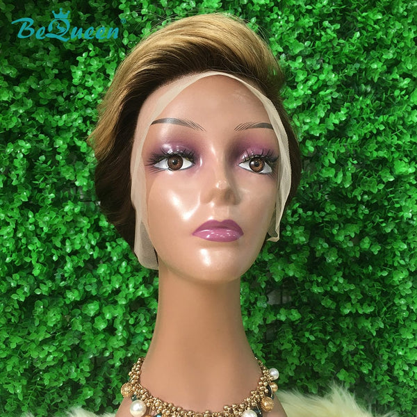 BeQueen Honey Brown T Part Lace Short Straight Pixie Wig