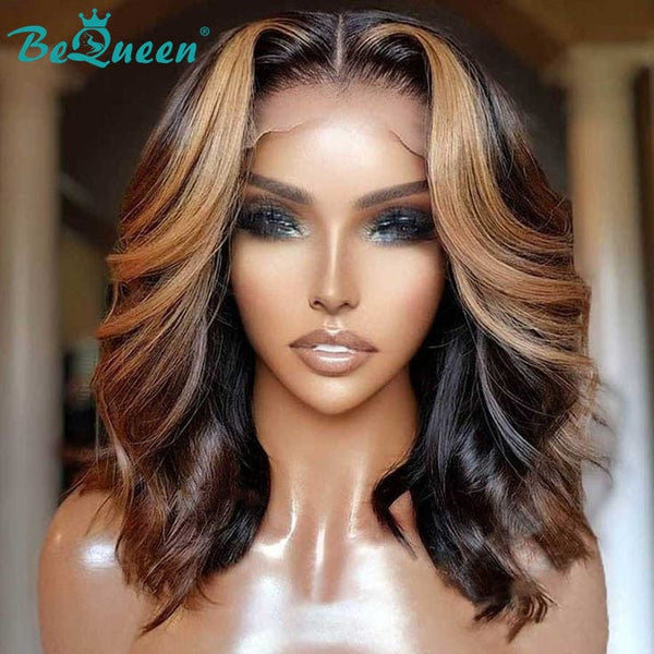 Bob Body Wave T Part Color Highlight Wig Honey Brown 100% Human Hair 