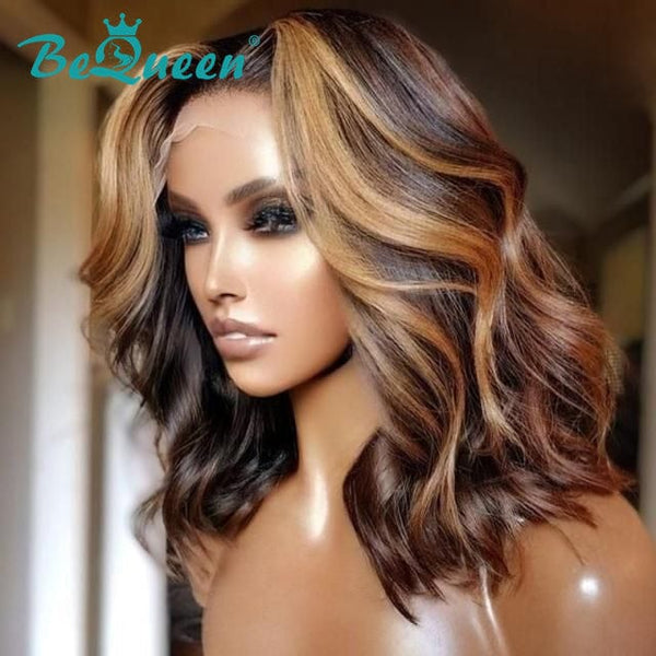 Bob Body Wave T Part Color Highlight Wig Honey Brown 100% Human Hair 