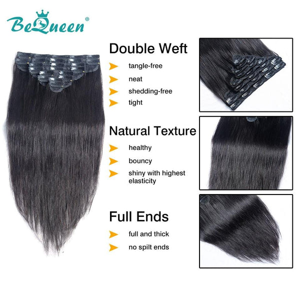 BeQueen Huit Pièces d'Extensions Clip Ins Cheveux Raides 100% Cheveux humains 120g par paquet