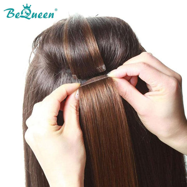 BeQueen Vingt Pièces d'Extensions Tape Ins Cheveux Raides Couleur Chatains #4 100% Cheveux humains 100g par paquet