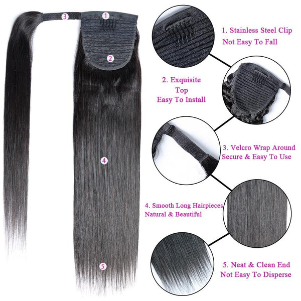 BeQueen Extensions Clip Ins Cheveux Raides 100% Cheveux humains avec Queue de cheval