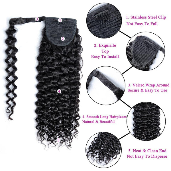 BeQueen Extensions Clip Ins Deep Wave avec Queue de cheval 100% Cheveux humains