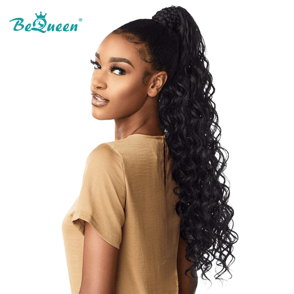 BeQueen Extensions Clip Ins Deep Wave avec Queue de cheval 100% Cheveux humains