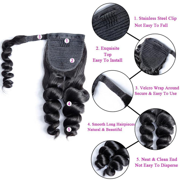 BeQueen Extensions Clip Ins Loose Wave Enrouler en Queue de cheval