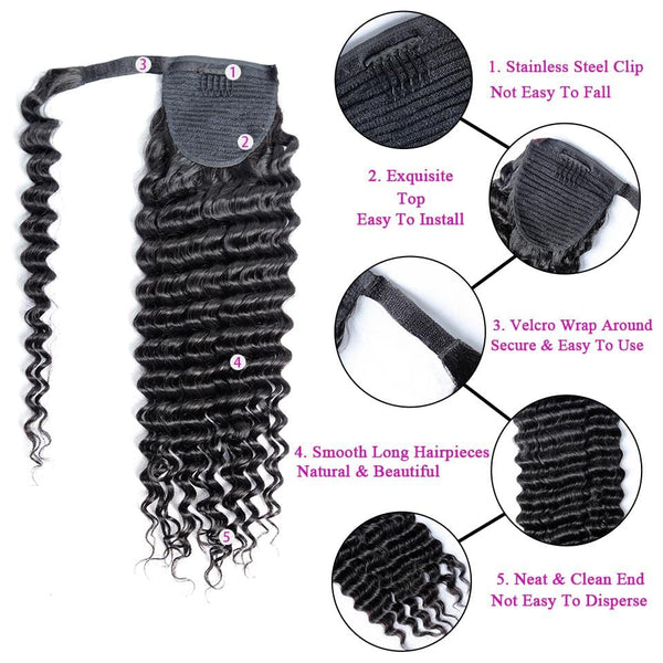 BeQueen Clip Ins Water Wave Extensions with Ponytail 100% Human Hair