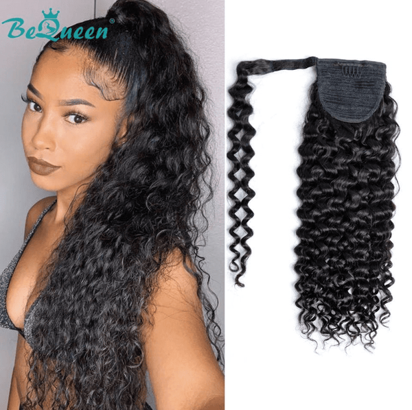 BeQueen Clip Ins Water Wave Extensions with Ponytail 100% Human Hair