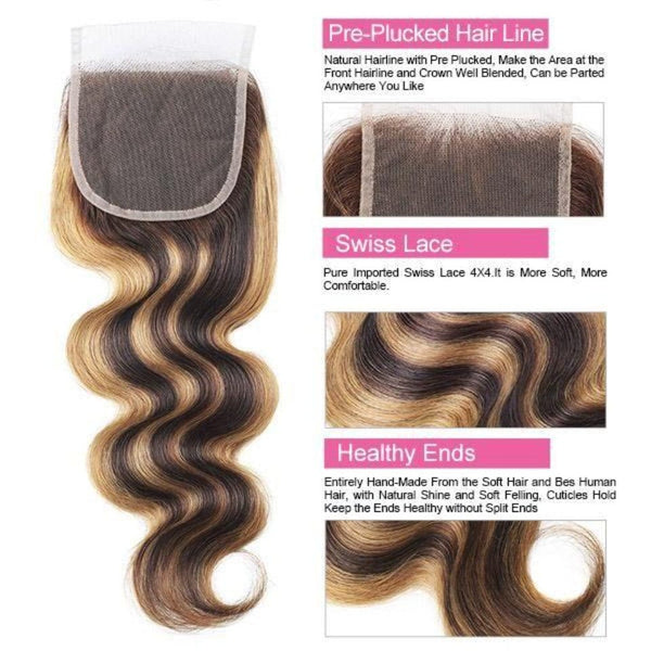 BeQueen Dentelle Closure 4x4 Body Wave Couleur 4/27