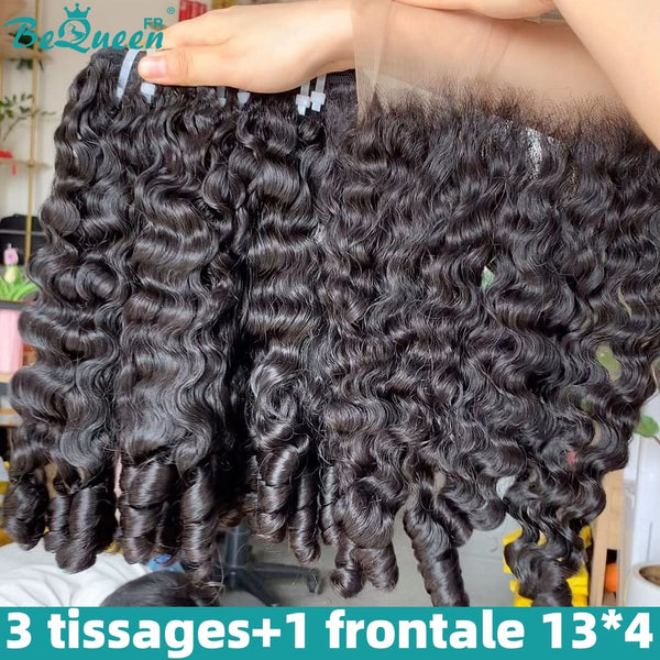 BeQueen Paquets de Tissage Spring curl Cheveux 100% Cheveux vierges avec Frontale