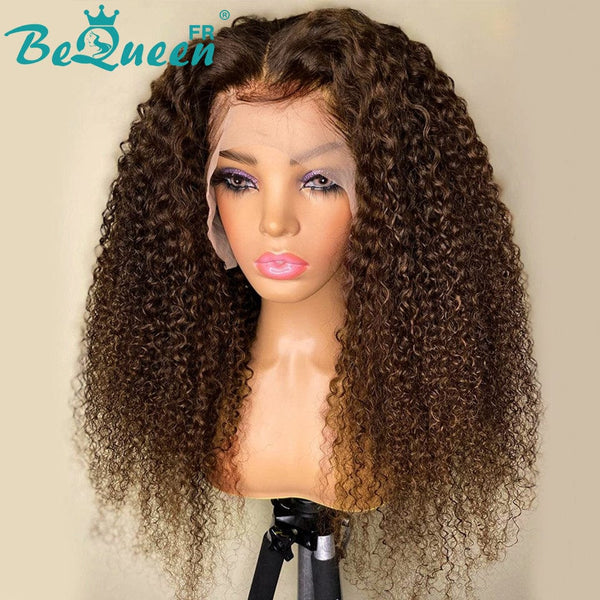 BeQueen Perruque Longue Frontale Kinky Curly Brun