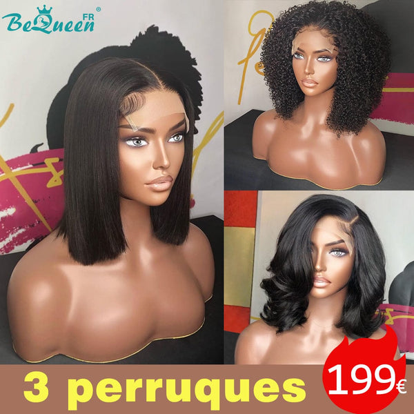 BeQueen 199€=3 perruques Perruque Lisse 8"+Curly 10"+Body 10"