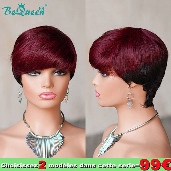 BeQueen 99€=2 perruques  "Sue" Perruque Pixie lisse à la machine Rouge Bordeaux et Noir