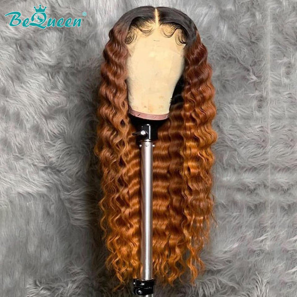 BeQueen Ombre Hair Wig 100% Human Hair Color Ginger Orange with Black Roots 