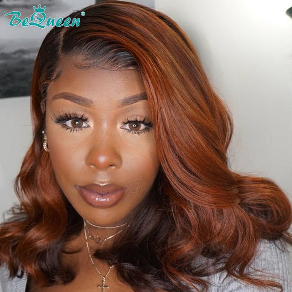 BeQueen Ombre Hair Wig 100% Human Hair Color Ginger Orange with Black Roots 