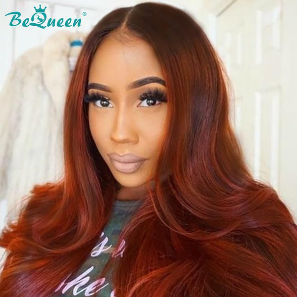 BeQueen Ombre Hair Wig 100% Human Hair Color Ginger Orange with Black Roots 